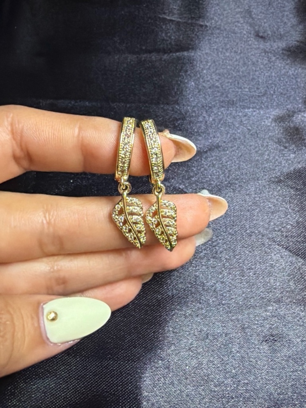 Gold Leaf Drop Earrings with Crystal Accents - Women Jewelry